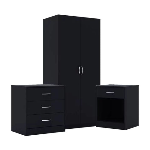 London 3PC Wardrobe, Chest Bedside Set in Black