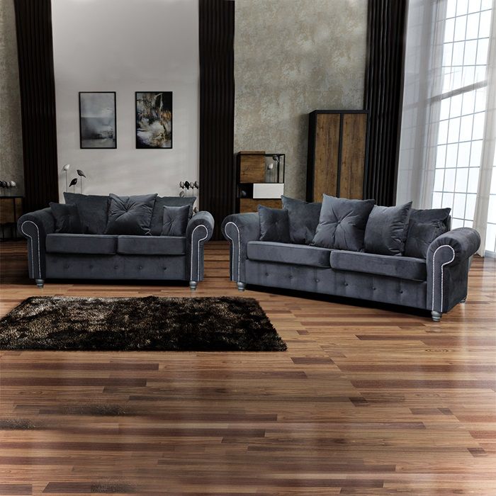 Ashwin Plush Velvet 3 Seater and 2 Seater Sofa Set - Grey 1 Ashwin Plush Velvet 3 Seater and 2 Seater Sofa Set - Grey