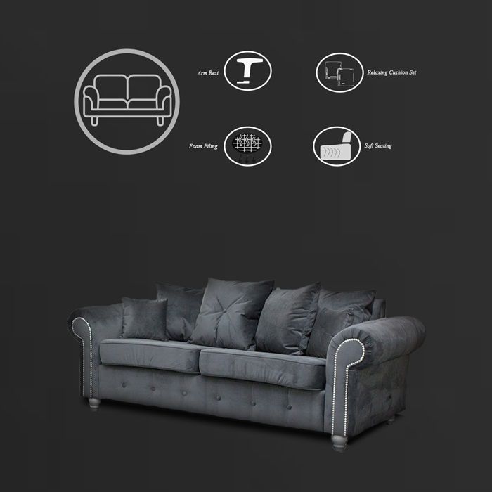 Ashwin Plush Velvet 3 Seater and 2 Seater Sofa Set - Grey3 Ashwin Plush Velvet 3 Seater and 2 Seater Sofa Set Grey3