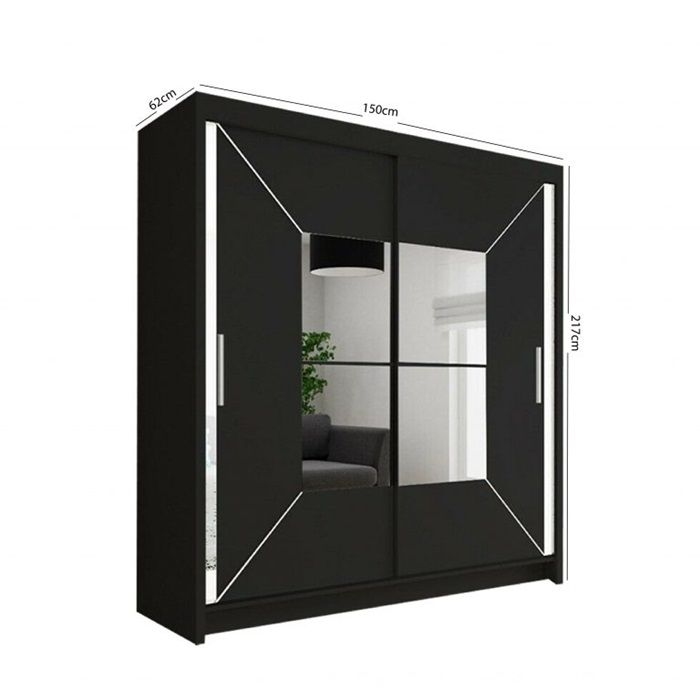 Hilton Mirror Sliding Door 150cm Wardrobe Black24