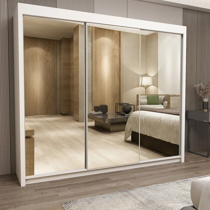 Chicago Mirror Sliding Door 250cm Large Wardrobe - White